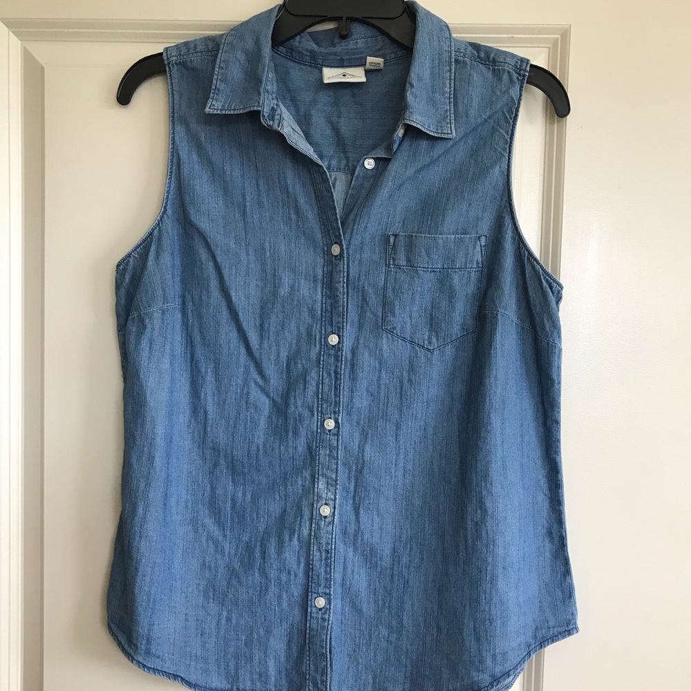 Denim sleeveless button down shirt